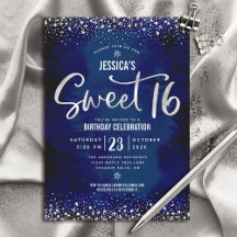Zilver Script Navy Waterverf Sweet 16 Verjaardag