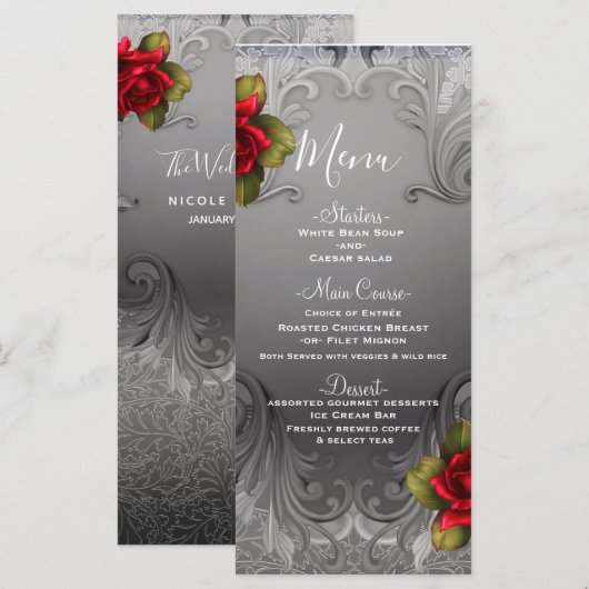 Zilver Sierlijke  Fancy Rode Rozen Menu (Voorkant / Achterkant)