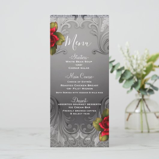 Zilver Sierlijke Fancy Rode Rozen Menu (Staand voorkant)