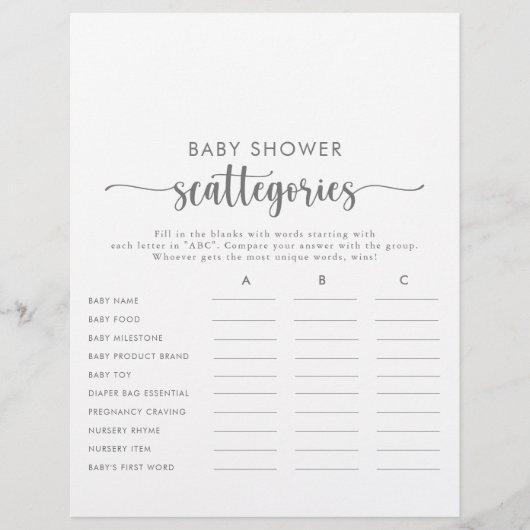 Zilver Simple Baby shower Scatories Game (Voorkant)