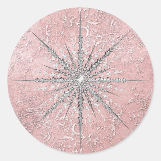 Zilver sneeuwvlok roze elegante  winter ronde sticker (Voorkant)