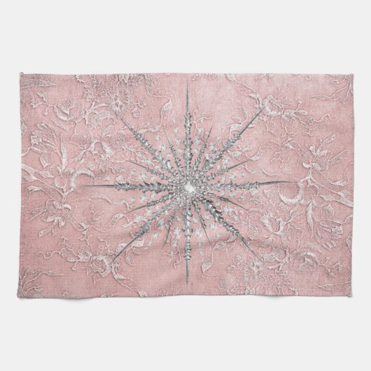 Zilver sneeuwvlok roze elegante  winter theedoek (Horizontaal)