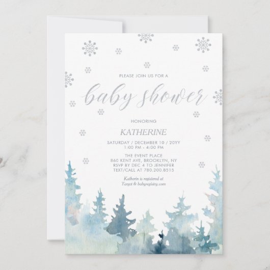 Zilver | Sneeuwvlok Winter Forest Baby shower Kaart (Voorkant)