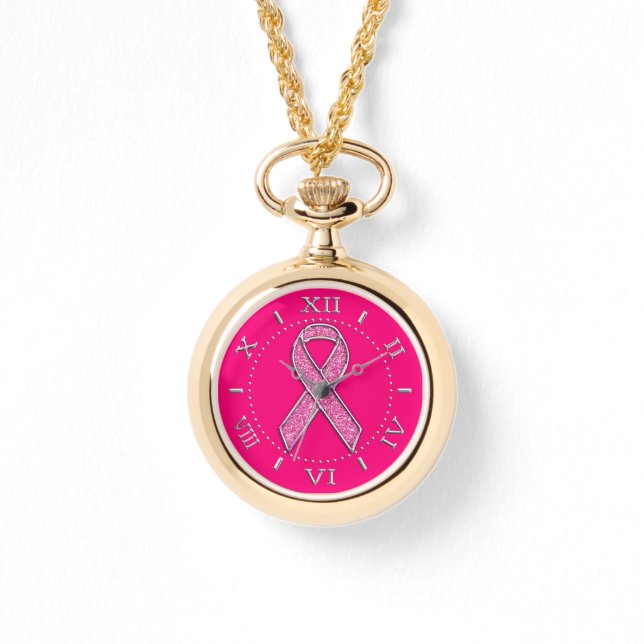 Zilver Sparkles Stijlen Roze Lint Awareness Dial Horloge (Voorkant)