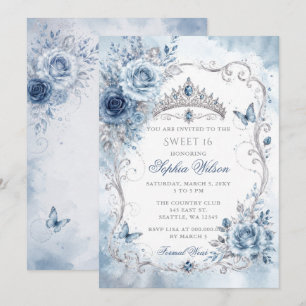 Zilver Stof Blauw Bloem Vlinder Sweet 16 Kaart