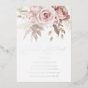 Zilver, Stof Roos & Blush Bloem Bruiloft Borrel Folie Uitnodiging