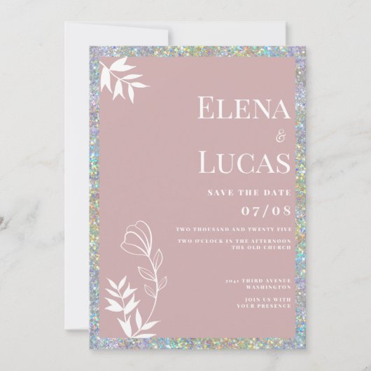 Zilver stoffig roos witte schets bloemenbruiloft kaart (Voorkant)