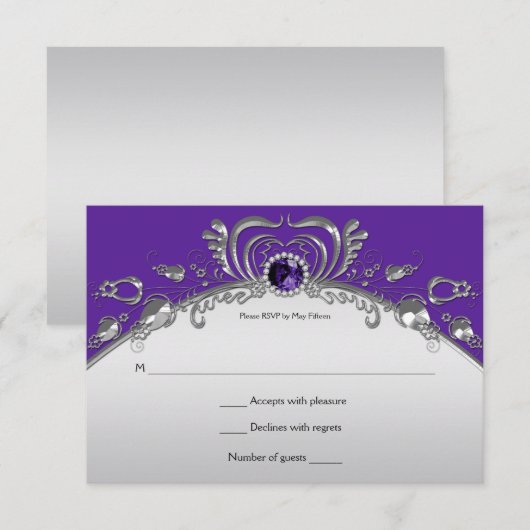 Zilver Swirls Paarse Edelstenen RSVP (Voorkant / Achterkant)