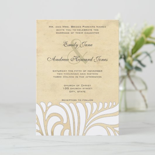 Zilver & Tan Swirl Patroon Bruiloft uitnodiging (Staand voorkant)