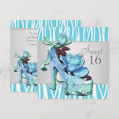 Zilver Teal Blauw Gestreept Sweet 16 Verjaardagsfe Kaart (Voorkant / Achterkant)