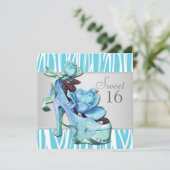 Zilver Teal Blauw Gestreept Sweet 16 Verjaardagsfe Kaart (Staand voorkant)
