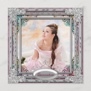 Zilver Teal Blauw Koraal Roze Foto Quinceanera Kaart