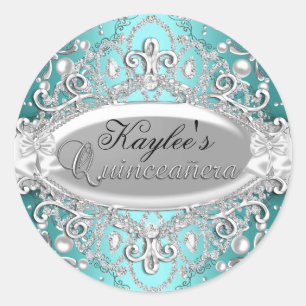 Zilver & Teal Damast Parel Quinceanera Sticker