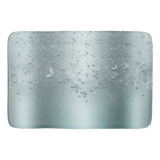 Zilver Teal Glans Glitter Fladderende Vlinder Badmat (Voorkant)