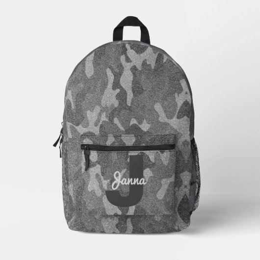 Zilver & Tin Camouflage Glitter Monogram Bedrukte Rugzak (Voorkant)