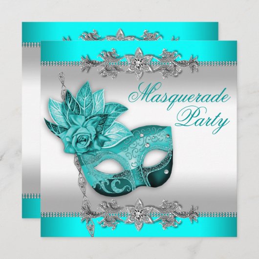 Zilver Turquoise Blauw Masquerade Party Kaart (Voorkant / Achterkant)