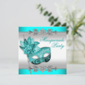 Zilver Turquoise Blauw Masquerade Party Kaart (Staand voorkant)