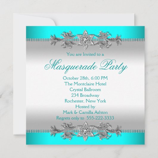 Zilver Turquoise Blauw Masquerade Party Kaart (Achterkant)