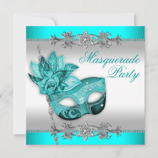Zilver Turquoise Blauwe Maskerade Feest Kaart (Voorkant)