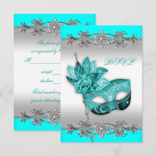 Zilver Turquoise Blue Masquerade Party RSVP (Voorkant / Achterkant)