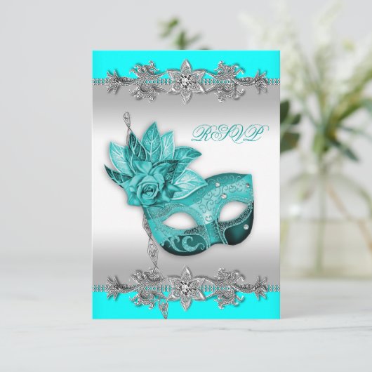 Zilver Turquoise Blue Masquerade Party RSVP Kaartje (Staand voorkant)