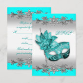 Zilver Turquoise Blue Masquerade Party RSVP Kaartje (Voorkant / Achterkant)