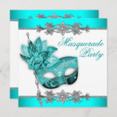 Zilver Turquoise Blue Masquerade Party Uitnodiging (Voorkant / Achterkant)
