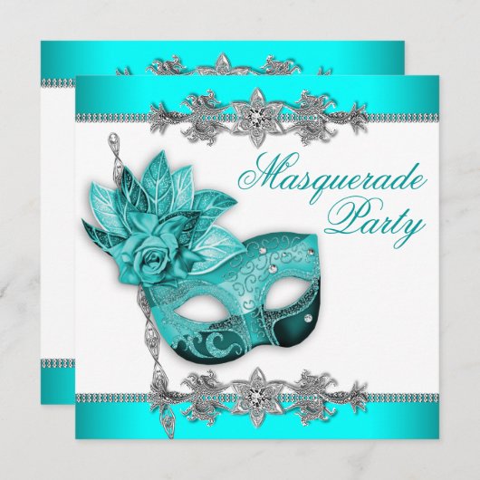 Zilver Turquoise Blue Masquerade Party Uitnodiging (Voorkant / Achterkant)