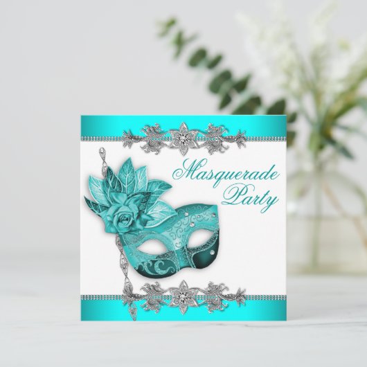 Zilver Turquoise Blue Masquerade Party Uitnodiging (Staand voorkant)