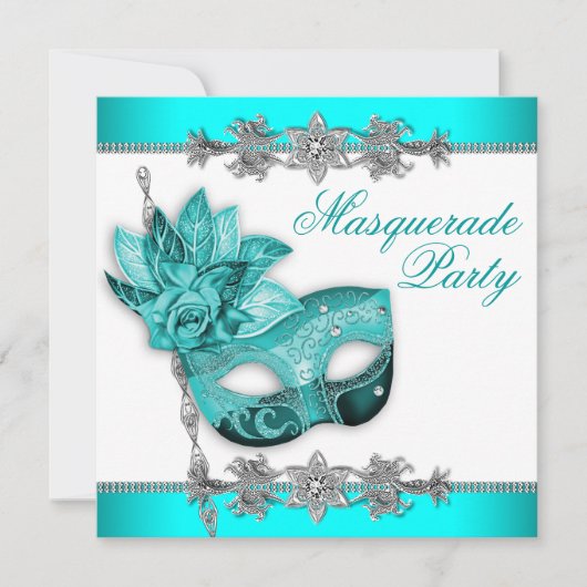 Zilver Turquoise Blue Masquerade Party Uitnodiging (Voorkant)