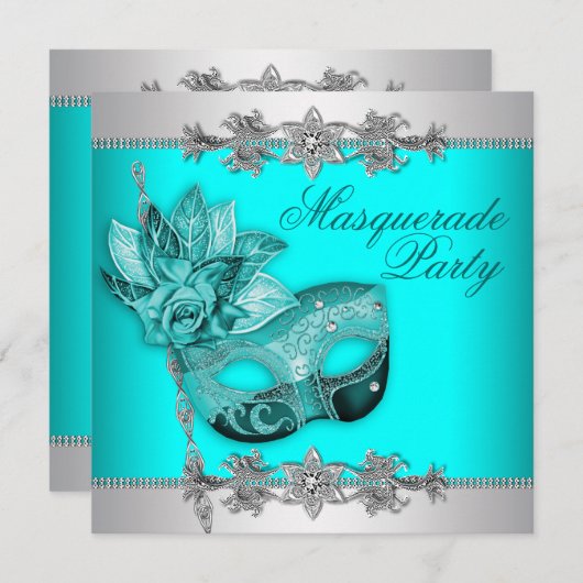 Zilver Turquoise Blue Masquerade Party Uitnodiging (Voorkant / Achterkant)