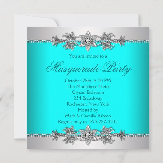 Zilver Turquoise Blue Masquerade Party Uitnodiging (Achterkant)