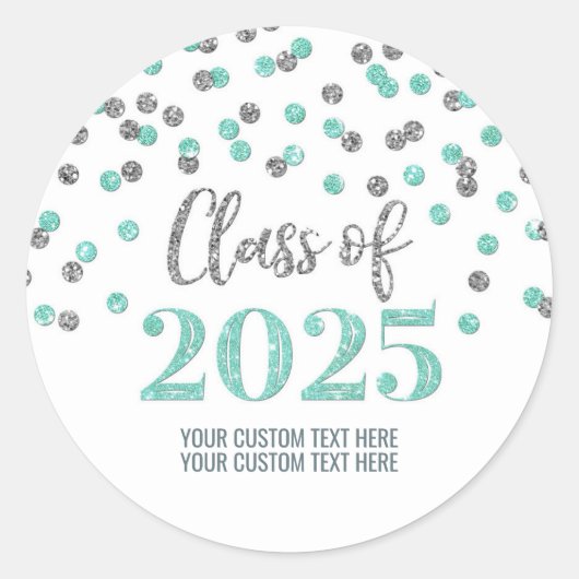 Zilver Turquoise Confetti Afstuderen 2025 Ronde Sticker (Voorkant)
