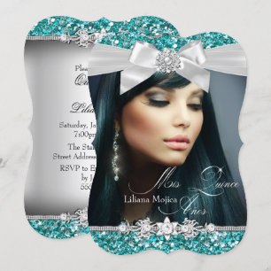 Zilver & Turquoise Glitter Boog Foto Quinceanera Kaart