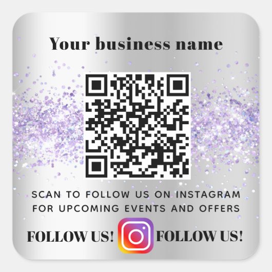 Zilver violet business QR code Instagram Vierkante Sticker (Voorkant)