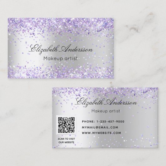 Zilver violet glitter QR code schoonheidssalon Visitekaartje (Voorkant / Achterkant)
