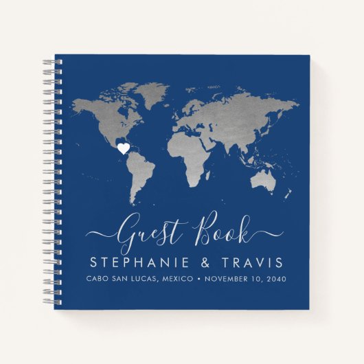 Zilver Wereldkaart Hart Bestemming Gastenboek Notitieboek (Voorkant)