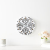 Zilver & White Damask Glam Modern Personalized Ronde Klok (Huis)