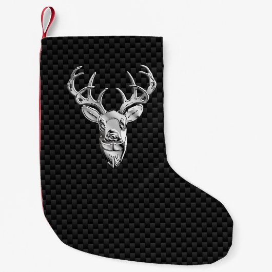 Zilver Wild Deer op Carbon Fibre Style Print Kleine Kerstsok (Voorkant)