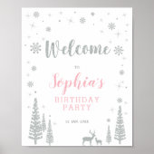 Zilver Winter Girl Birthday Party Welkomstteken Poster (Voorkant)