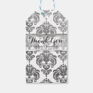 Zilver & Wit Damast Bruiloft Uitgeefcadeau Cadeaulabel