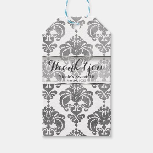 Zilver & Wit Damast Bruiloft Uitgeefcadeau Cadeaulabel (Voorkant)