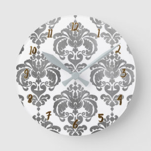 Zilver & Wit Damast Glam Moderne Gepersonaliseerde Ronde Klok
