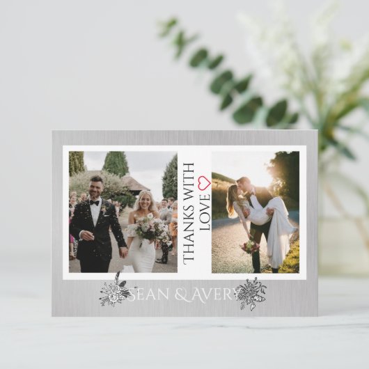 zilver & wit gepersonaliseerde bruiloft bedankkaart (Staand voorkant)