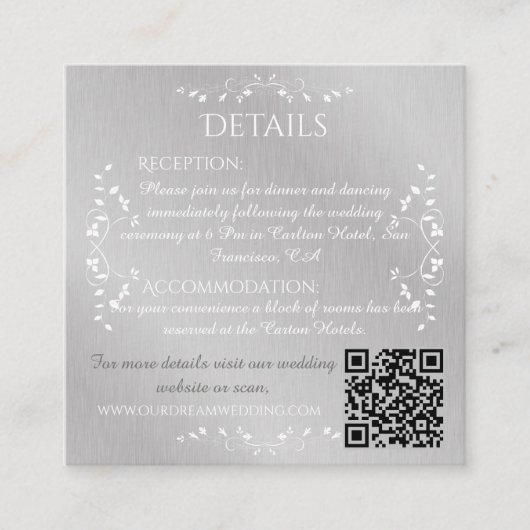 zilver & wit gepersonaliseerde bruiloft informatiekaartje (Voorkant)