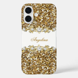 Zilver Wit Goud Faux Diamond Jewel Glitter iPhone 16 Hoesje