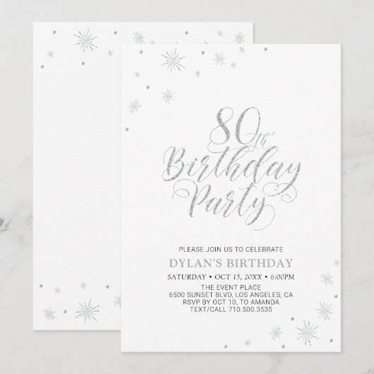 Zilver & Wit | Moderne Chic 80e Verjaardagsfeest Kaart (Voorkant / Achterkant)