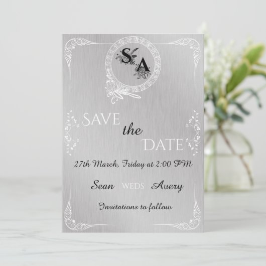  zilver & wit siergrens bruiloft aankondiging (Staand voorkant)