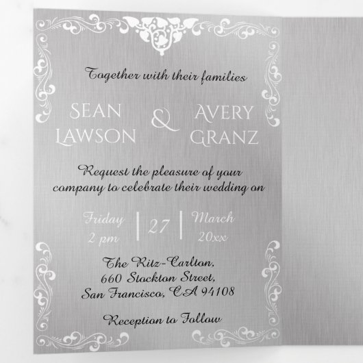  zilver & wit siergrens bruiloft drieluik aankondiging (Binnenzijde eerst)