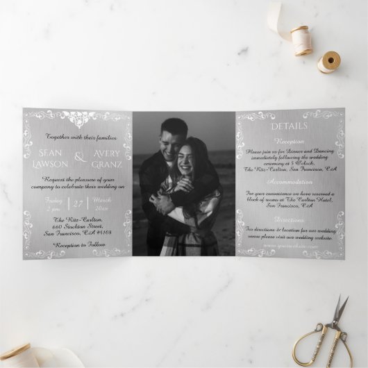 zilver & wit siergrens bruiloft drieluik aankondiging (Binnen)